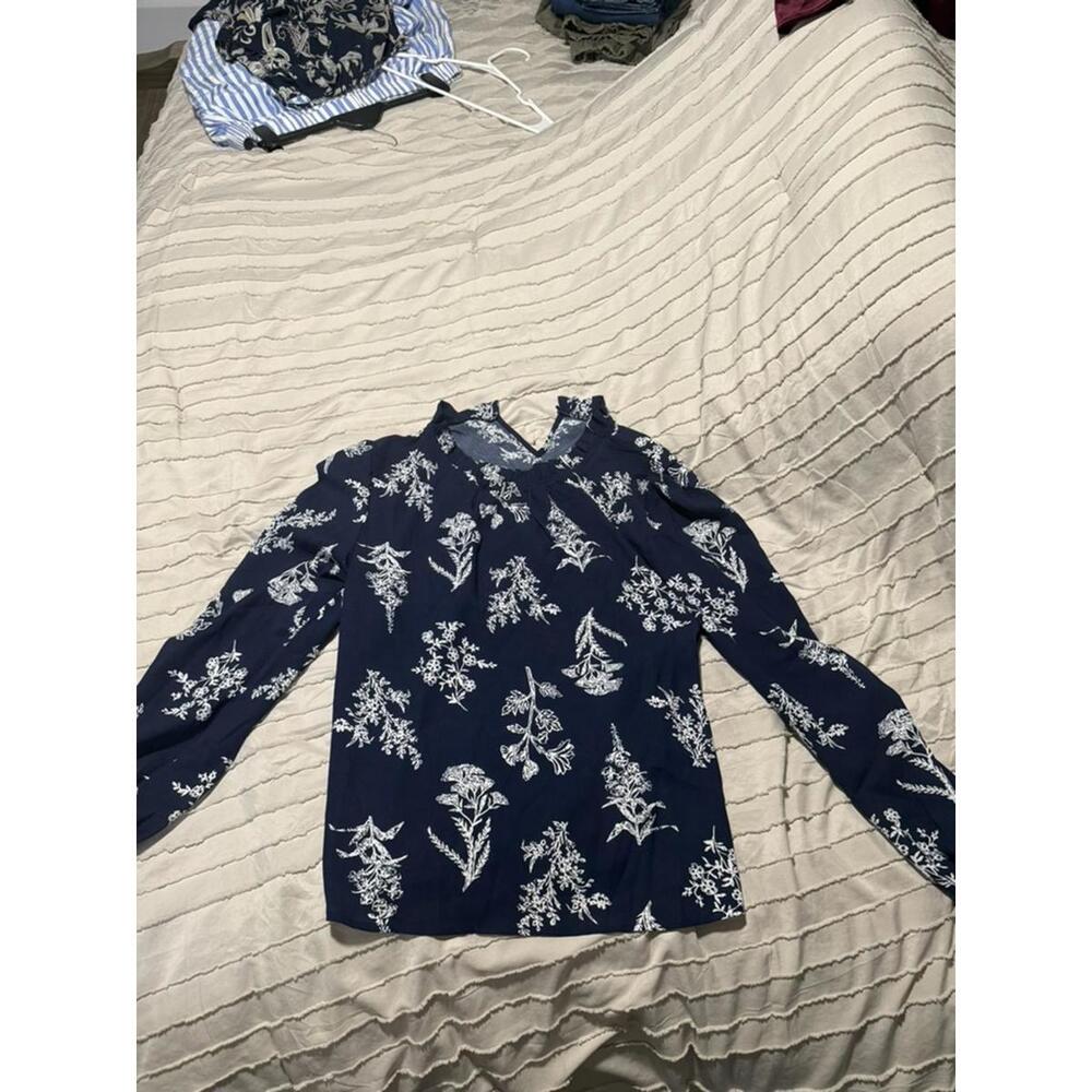 SHEIN Navy Blue Floral Print Long Sleeve Blouse Size S